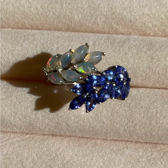 ETHIOPIAN WELLO OPAL and AAA TANZANITE Ring Platinum over Sterling Silver - Picture 7 of 14